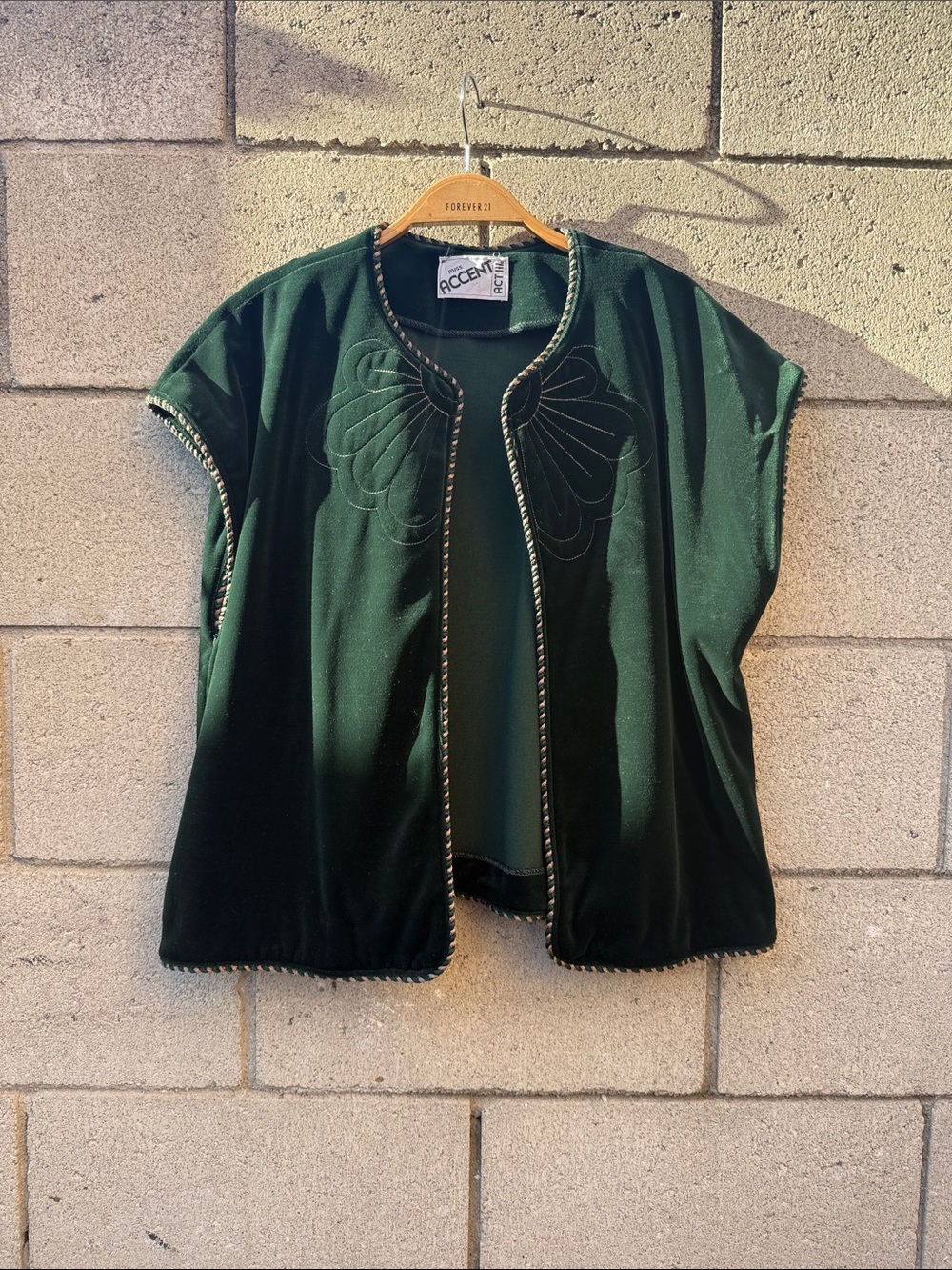 Dark Green Velvet Open Front Jacket - Accent